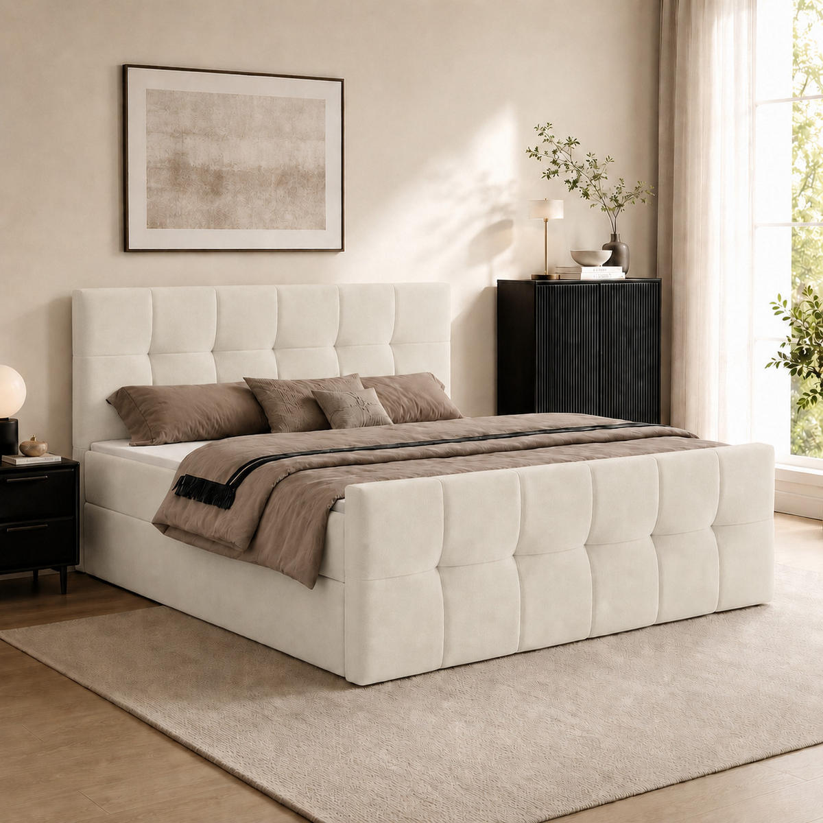 BOXBETT AUREN FRONT 160x200 cm Komplett-Set mit Bonell-Matratze, Topper und Bettkasten, Samt Beige - Beige, Textil (160/200cm) - Luxkor24