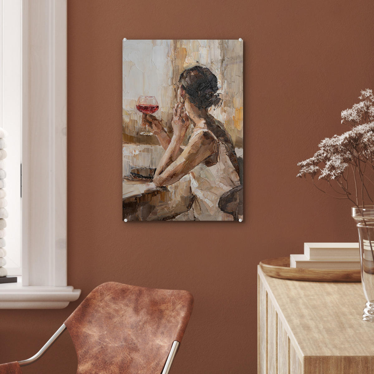 ACRYLGLASBILD Ölgemälde - Frau - Wein 40x60 cm - Hellbraun, Glas (40/60cm) - MuchoWow
