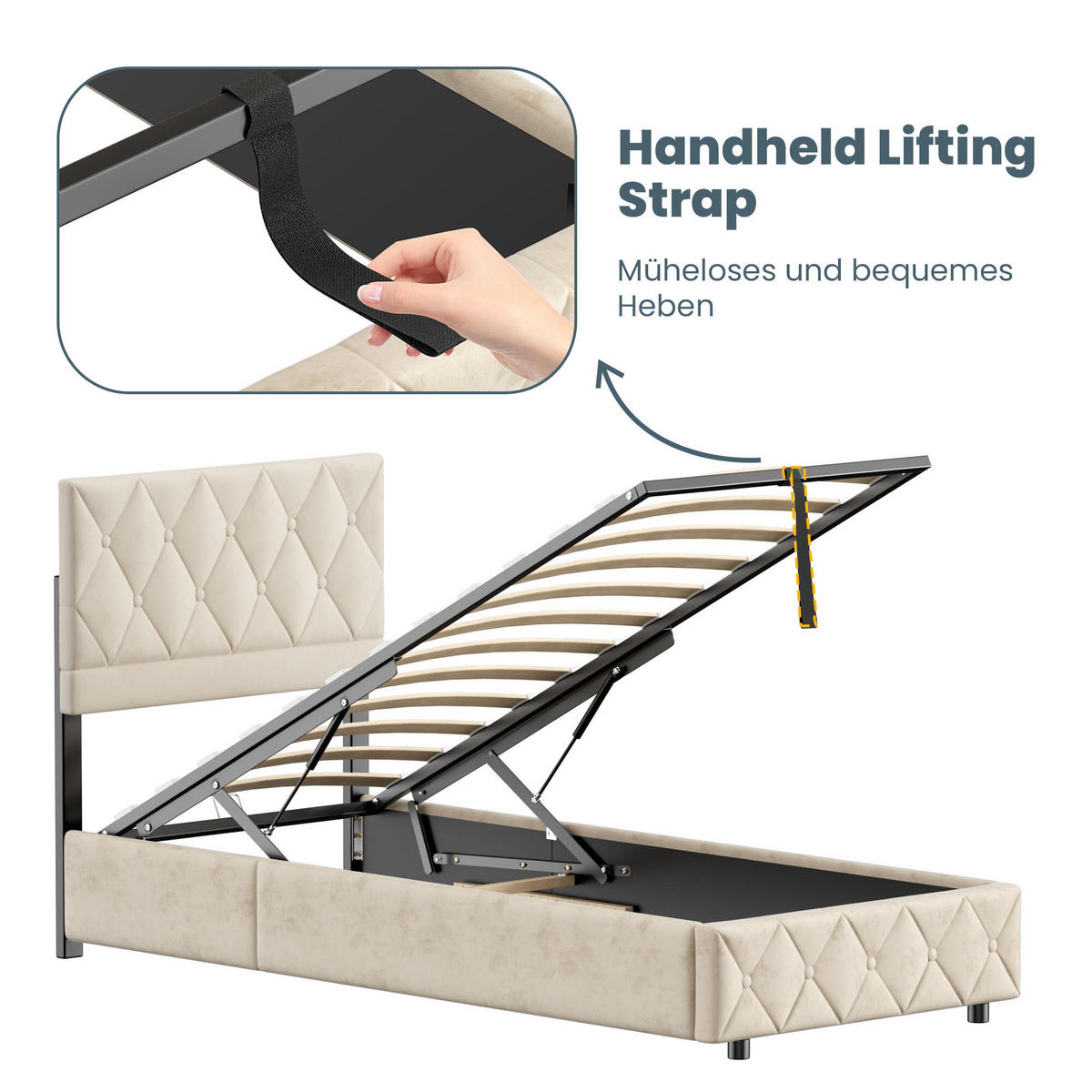 POLSTERBETT 90/190 cm in Beige Samt mit Bettkasten, hydraulischem Doppelhub-System und Lattenrost - Beige, Holzwerkstoff/Textil (90/190cm) - CHICFURN