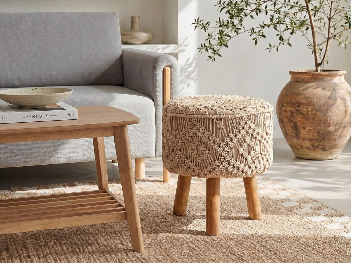 HOCKER Makramee Baumwolle Dunkelbeige Manzai - Beige, Textil (40/44/40cm) - Beliani