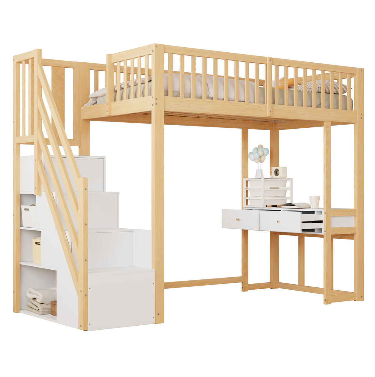 HOCHBETT 90/200 cm mit Multifunktionstisch und Aufbewahrungstreppe aus Kiefern, Weiß/Eiche hell - Weiß, Holzwerkstoff (90/200cm) - Redom