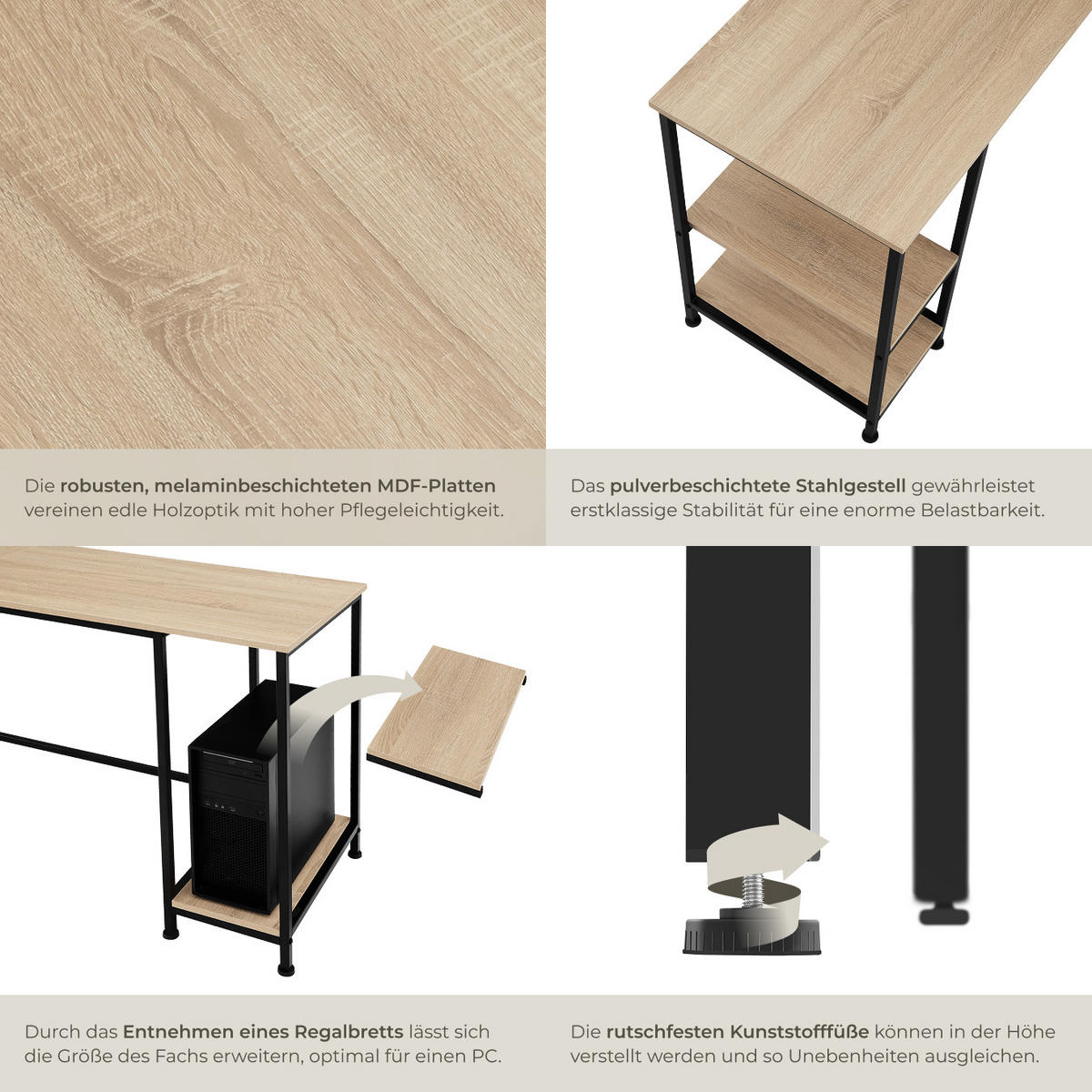 COMPUTER-SCHREIBTISCH Stoke,137 x 55 x 75 cm,Industrial Holz hell, Eiche Sonoma - Naturfarben, Holz (137/55/75cm) - tectake