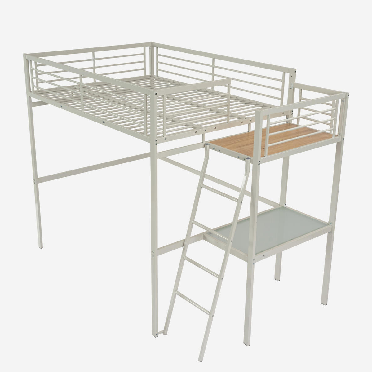 HOCHBETT Metall Weiß 140x200 cm – Loftbett mit Arbeitsbereich, Leiter und Sicherheitsgeländer - Weiß, Metall (145.5/201cm) - Meubles Cosy