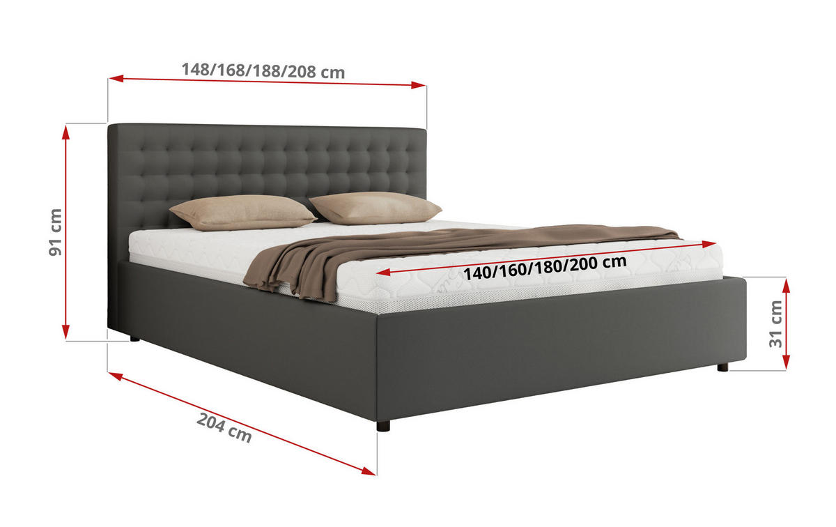 POLSTERBETT PAVO CLASSIC 160/200 - Grau Kunstleder - Pocket-Matratze - Grau, Textil (160/200cm) - MKS