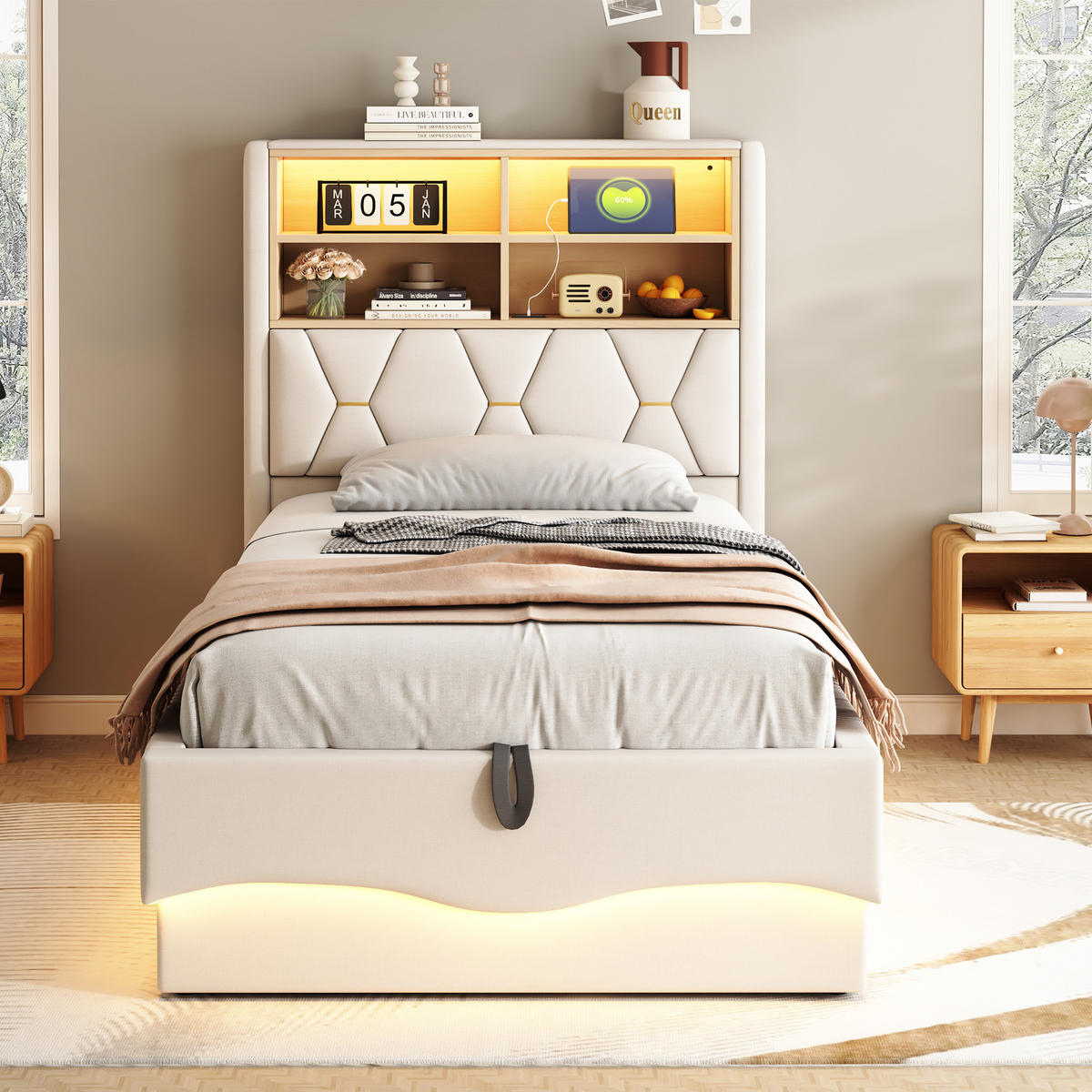 POLSTERBETT aus Leinen und Metall 90x200 cm in Beige mit LED & USB & Stauraum - Beige, Textil (90/200cm) - Modfu