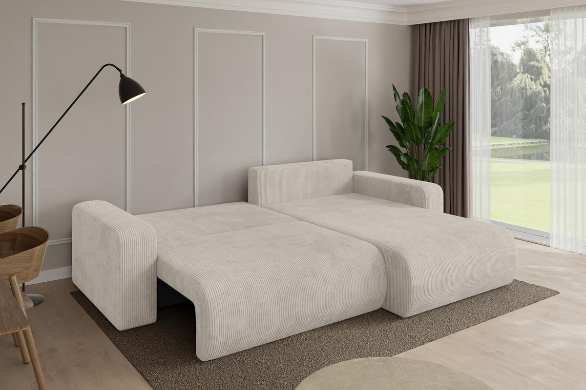 ROHOVÁ SEDAČKA s funkcí spaní, otoman vpravo BERY-L 276x193x88 krémová manšestr - černá/krémová, kompozitní dřevo/textil (276/193cm) - ALTDECOR