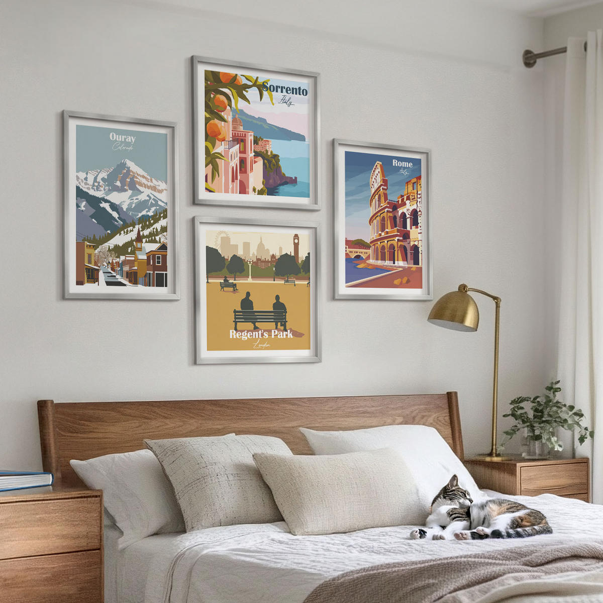 WANDBILDER 4er Set - 50x50 cm & 40x60 cm Silberner Rahmen - Retro-Illustrationen berühmter Orte - Silberfarben, Kunststoff (50/50cm) - ArtPrintCave