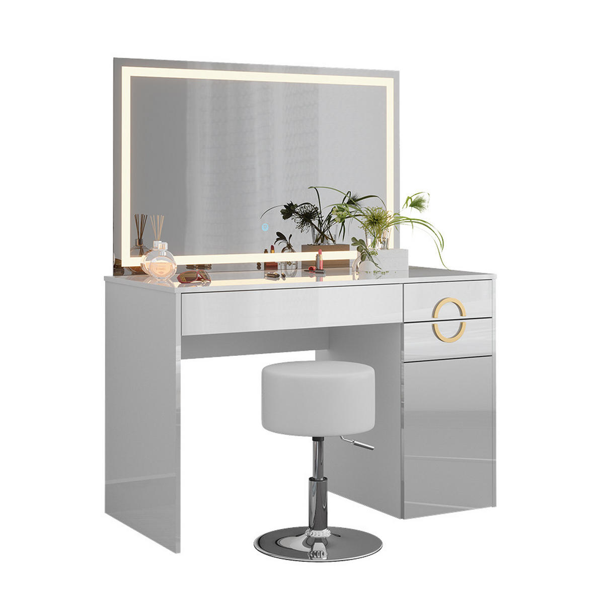 SCHMINKTISCH Adela Weiß 115 cm mit LED Spiegel und Hocker - Weiß, Holzwerkstoff (115/76.4/55cm) - Vicco