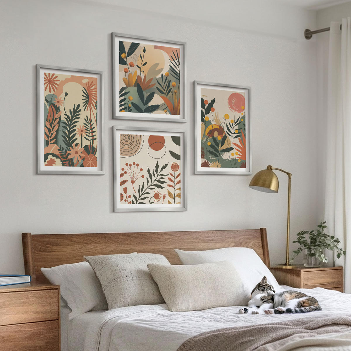 BILDER SET 4er Set - 50x50 cm & 40x60 cm Silberner Rahmen - Pastellfarbene Pflanzenmuster - Silberfarben, Kunststoff (50/50cm) - TULUP