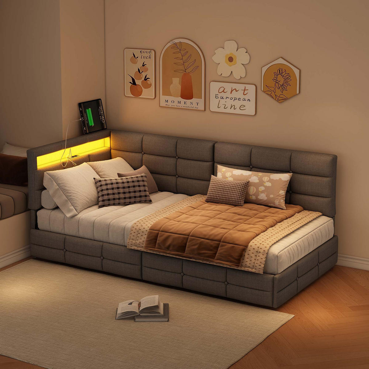 POLSTERBETT 90x200 cm LED USB Schubladen Stauraum Lattenrost Leinen grau - Grau, Holz (90/200cm) - LEBENLANG