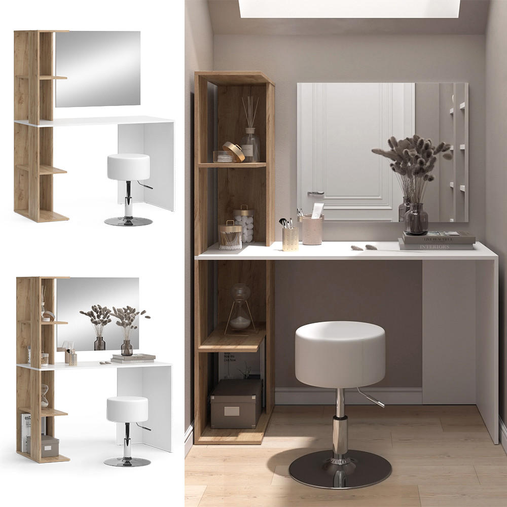 SCHMINKTISCH Tower Weiß/Sonoma 122.2 cm mit Hocker - Weiß/Sonoma Eiche, Holzwerkstoff (122.2/75.8/55.2cm) - Vicco
