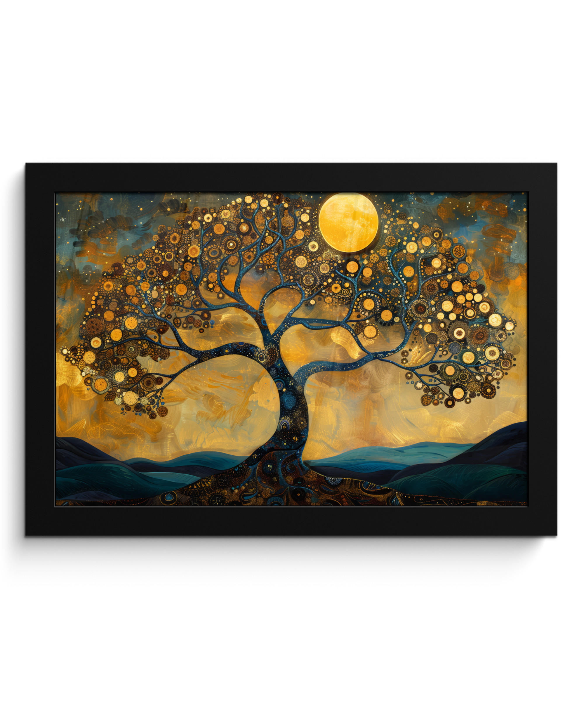 POSTER MIT RAHMENGERAHMTES BILD Baum - Mond - Blumen - Gold - Kunst 30x20 cm - Orange, Papier (30/20cm) - MuchoWow