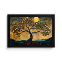POSTER MIT RAHMENGERAHMTES BILD Baum - Mond - Blumen - Gold - Kunst 30x20 cm - Orange, Papier (30/20cm) - MuchoWow