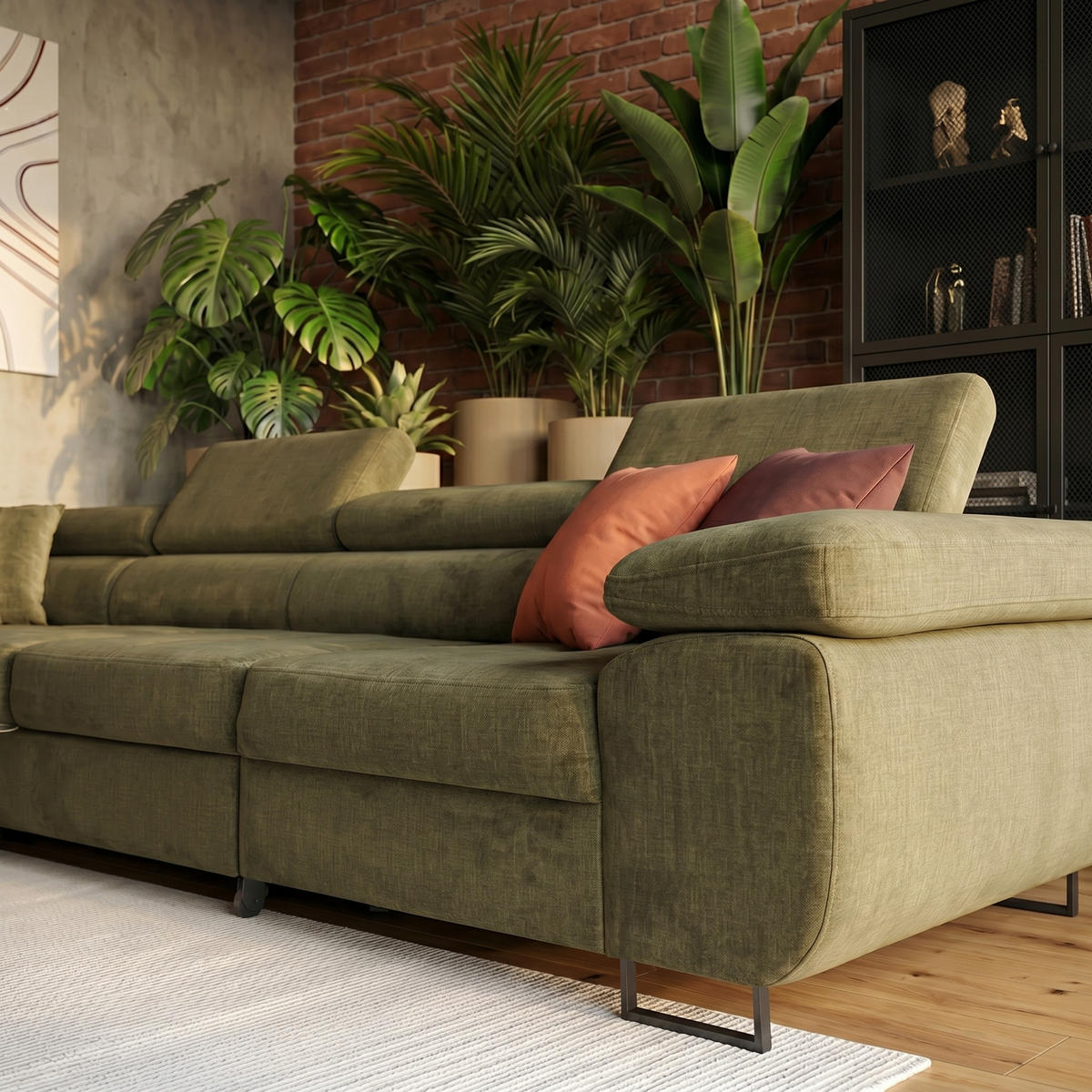 ECKSOFA WILD MAXI L Links mit Schlaffunktion 125x195 Velours Hellgrün - Chromfarben/Hellgrün, Holz/Textil (203/350cm) - Muffo