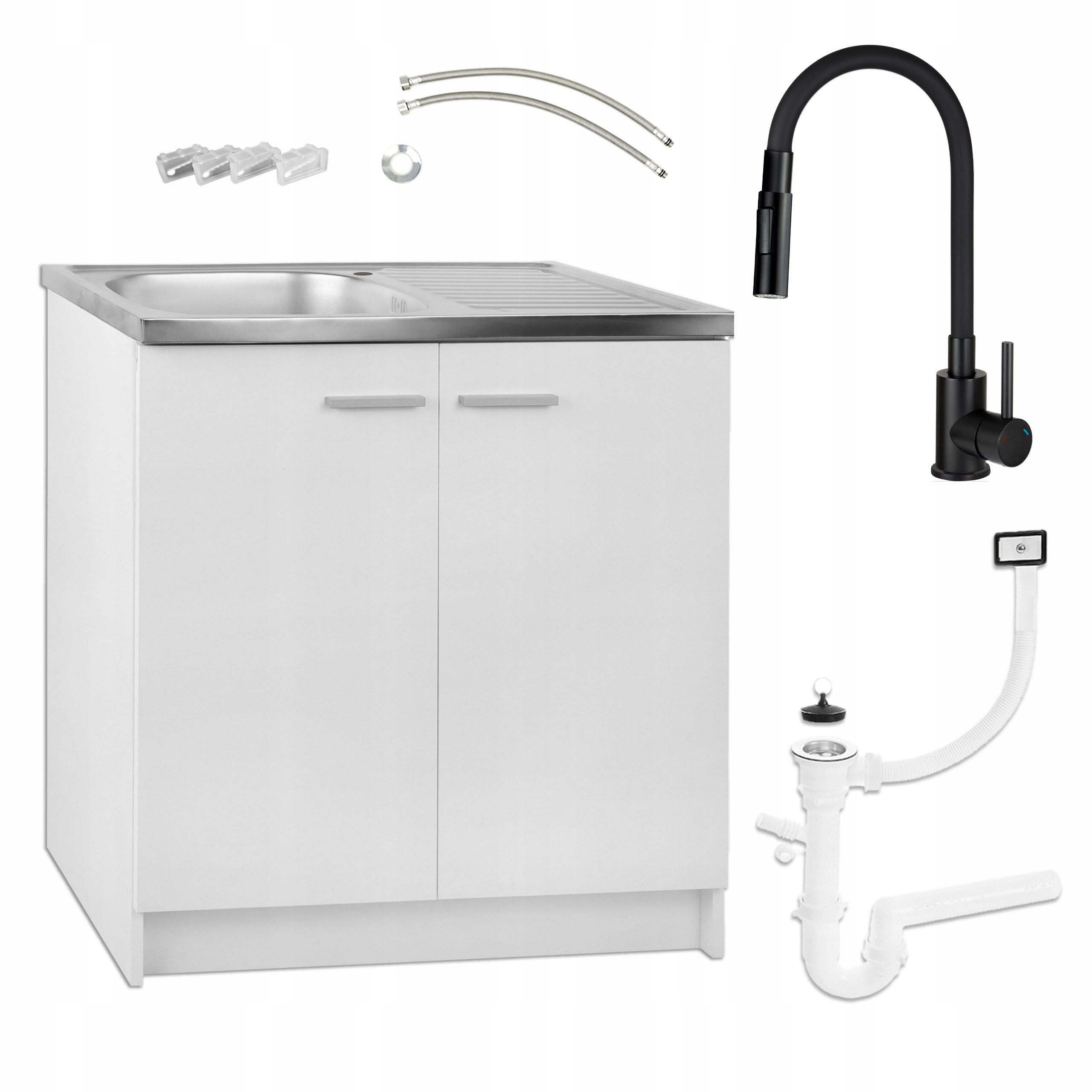 SPÜLUNTERSCHRANK 80cm mit Spüle + Armatur + Siphon Weiß - Weiß, Holzwerkstoff (80/82/50cm) - Stamar