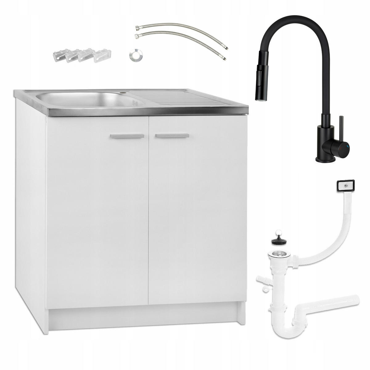 SPÜLUNTERSCHRANK 80cm mit Spüle + Armatur + Siphon Weiß - Weiß, Holzwerkstoff (80/82/50cm) - Stamar