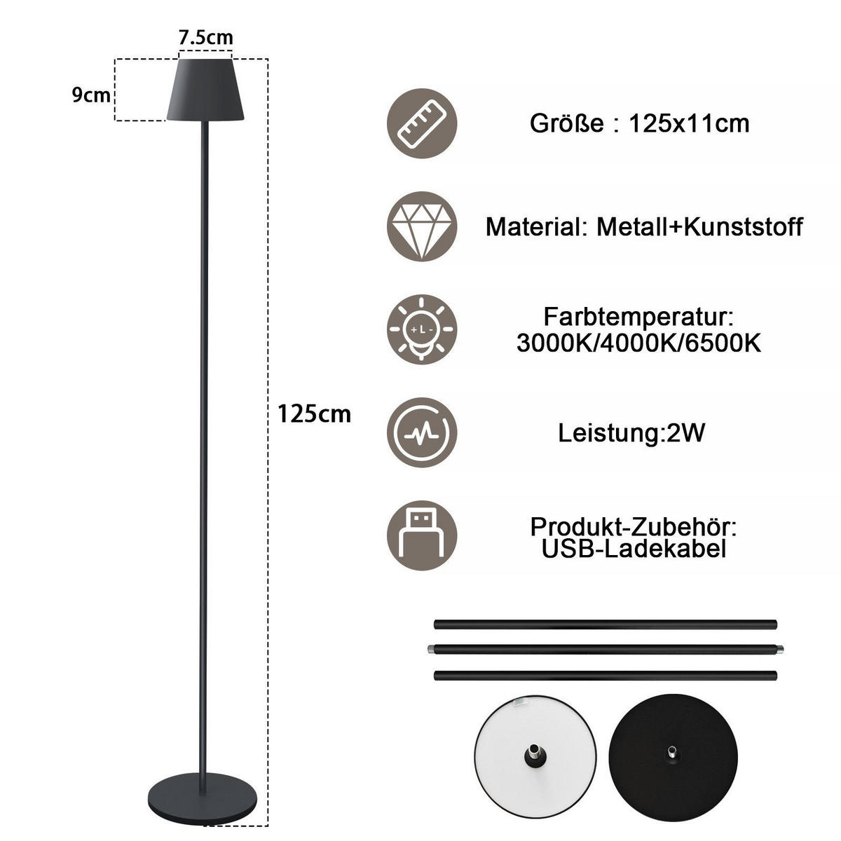 STEHLAMPE Scheinhold 11.0/125.0/11.0 cm - Schwarz, Metall (11/11/125cm) - ZMH