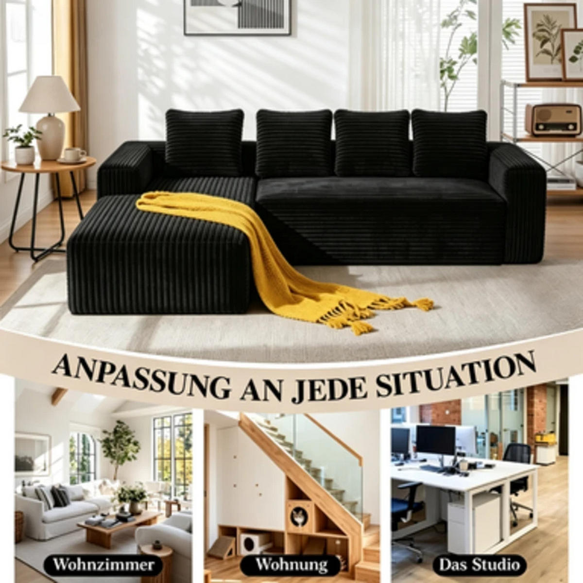 ECKSCHLAFSOFA aus Cord 261x168x58 cm mit Chaiselongue und ohne Montage, schwarz - Schwarz, Textil (261/168cm) - Luhomfu