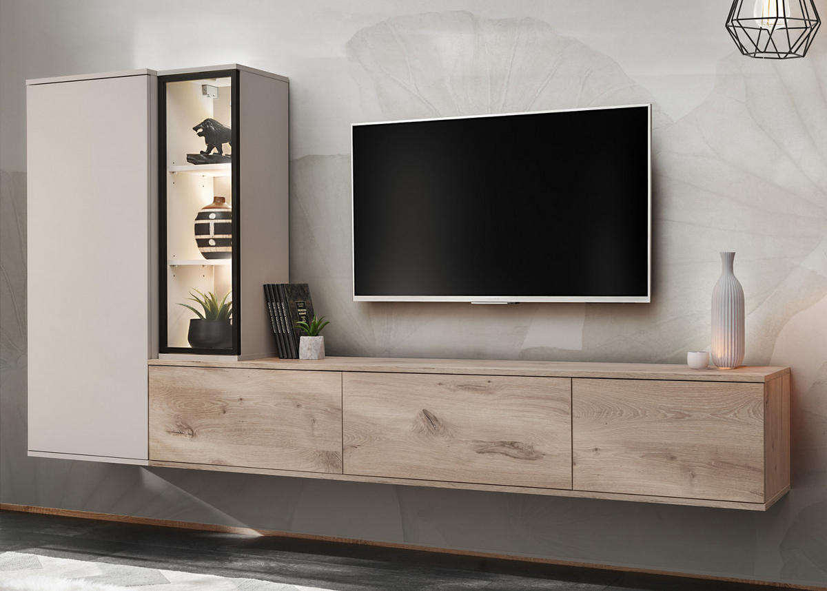 WOHNWAND Eiche, Kaschmir hängend 240 cm, Schrankwand mit Push-to-Open inklusive Beleuchtung - Kaschmir/Eichefarben, Glas/Holzwerkstoff (240/125/35cm) - Furn.Design