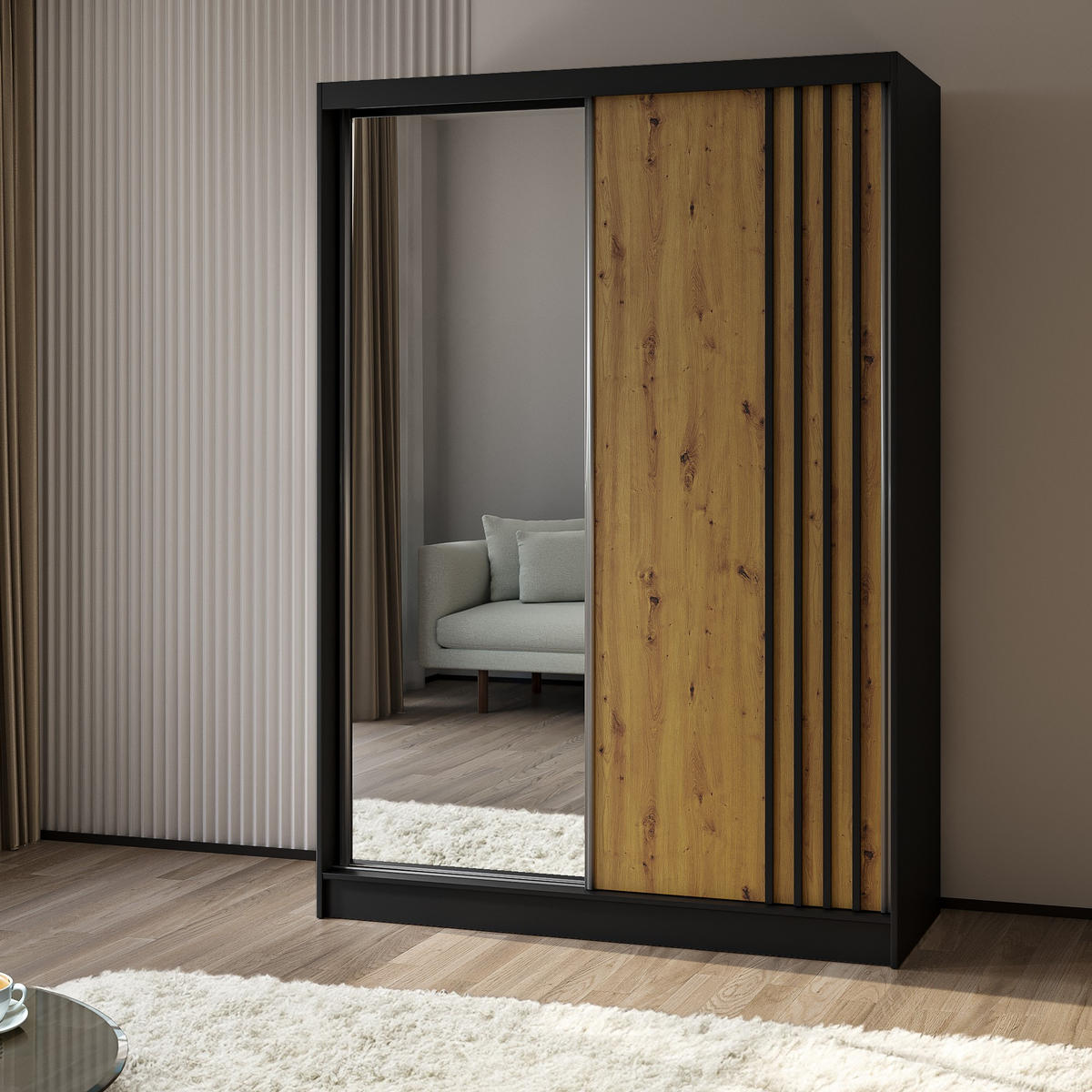 SCHWEBETÜRENSCHRANK NELVIA 150/216/61 cm 2-türig mit Spiegel Schwarz - Schwarz/Eiche Artisan, Holzwerkstoff (150/216/61cm) - MASSENO