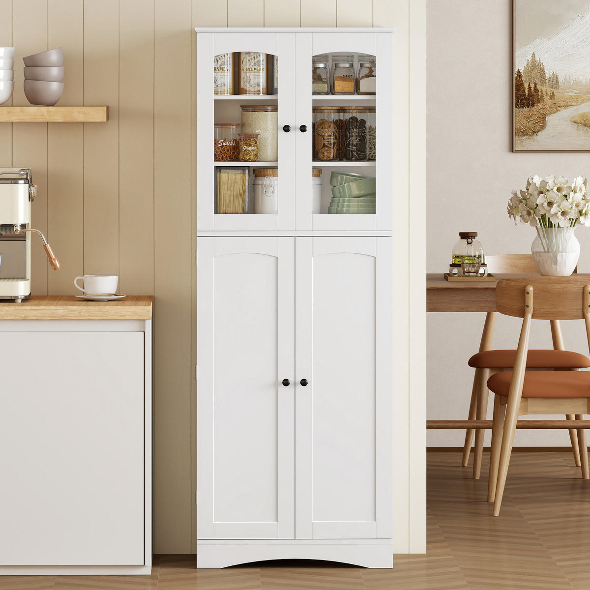 BUFFET DE-11343 Vitrine mit 4 Acryltüren & 8 Gewürzregalen Weiß - Weiß, Holzwerkstoff (40/162/60cm) - ComfortXL