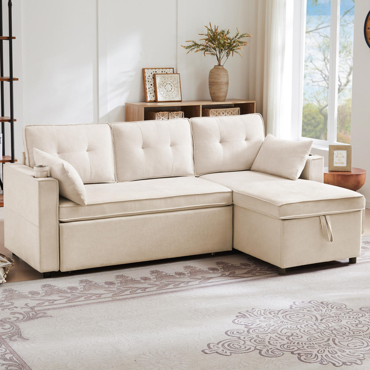SCHLAFSOFA aus Baumwoll-Leinen 211x130x86 cm Beige mit Stauraum, Getränkehaltern und wechselbarer Chaiselongue - Beige, Textil (211/86/129.5cm) - Modfu