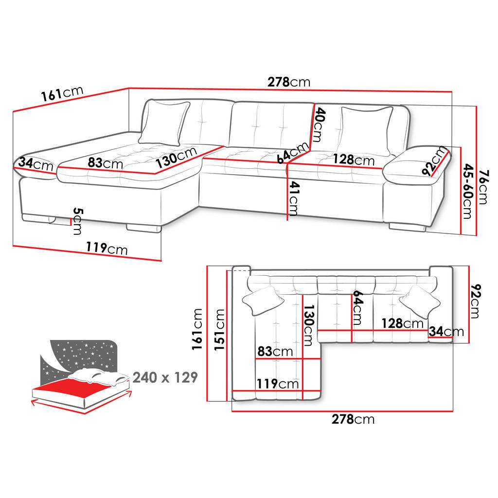 Thumbnail - Mirjan24 Ecksofa, Cappuccino, Textil, 5-Sitzer, rechts montierbar,Rechteckig, 278x161 cm, Wohnzimmer, Sofas & Couches, W...
