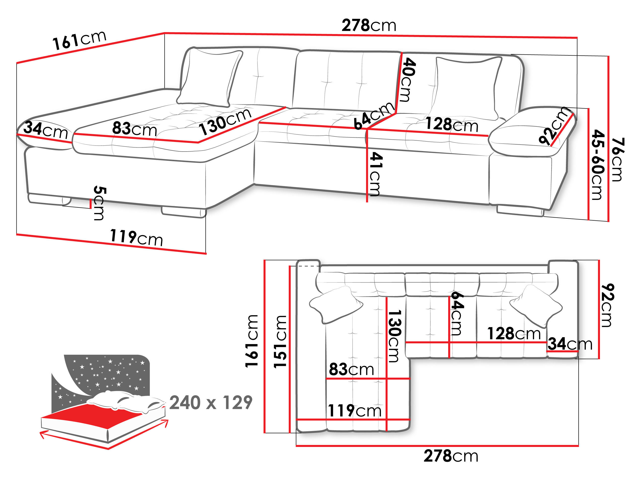 Thumbnail - Mirjan24 Ecksofa, Mehrfarbig, Textil, 5-Sitzer, rechts montierbar,Rechteckig, 278x161 cm, Wohnzimmer, Sofas & Couches, W...