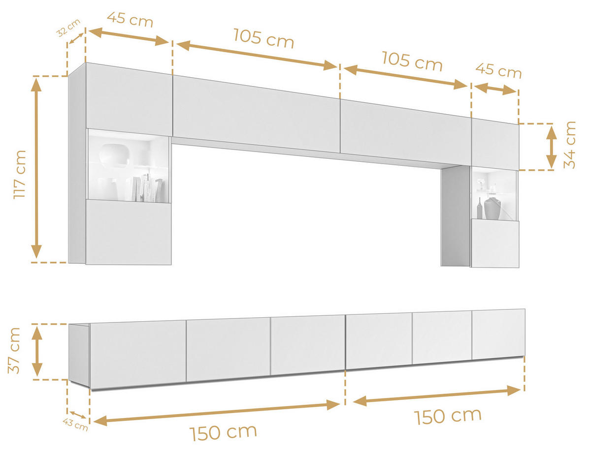 WOHNWAND Kossana 1 Modern Weiß, Goldene Eiche 300/154/43 cm Stilvoll - Hellbraun/Weiß, Holzwerkstoff/Kunststoff (300/154/43cm) - AX Living