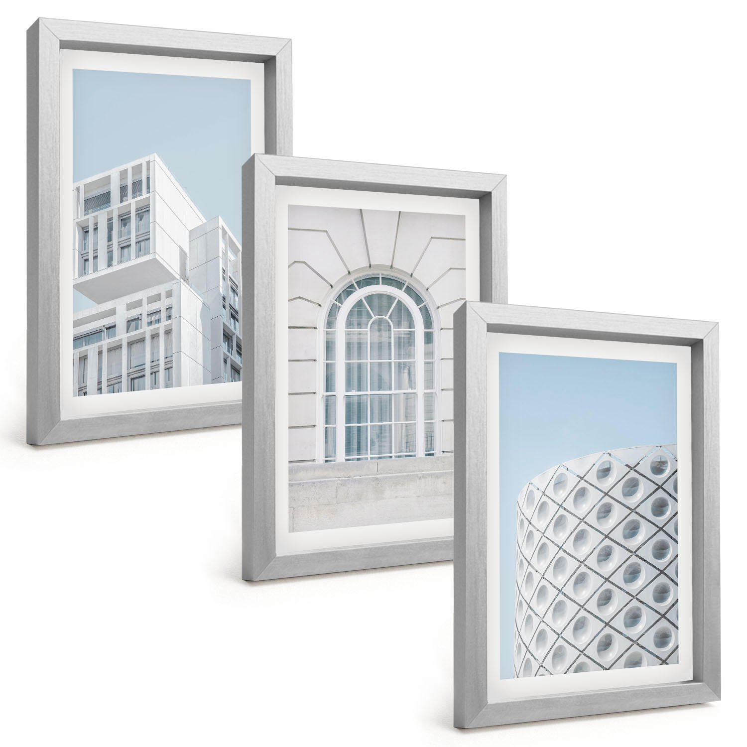 BILDER SET 3er Set - 20x30 cm Silberner Rahmen - Moderne Architekturgeometrie - Silberfarben, Kunststoff (20/30cm) - TULUP