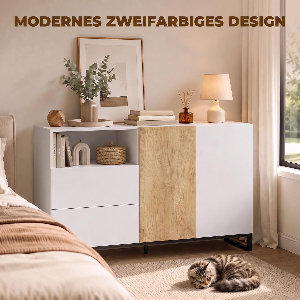 SIDEBOARD Weiß 140/40/85 cm - Schwarz/Weiß, Holzwerkstoff/Metall (40/85/140cm) - PANGIVO
