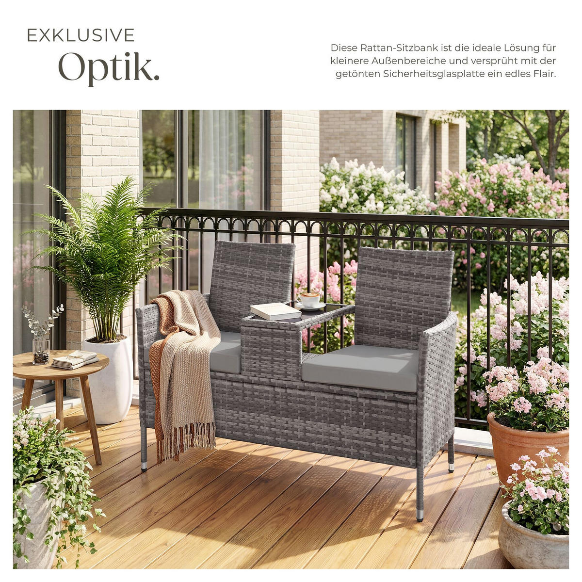 RATTAN GARTENSITZBANK Narbonne, 6 cm Sitzpolster, grau/hellgrau - Grau, Kunststoff (61/82/131cm) - tectake
