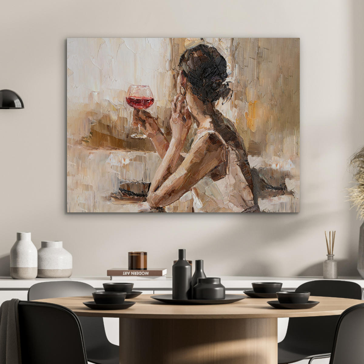 KOVOVÝ OBRAZ Olejomaľba - Žena - Víno 80x60 cm - svetlohnedá, kov (80/60cm) - MuchoWow