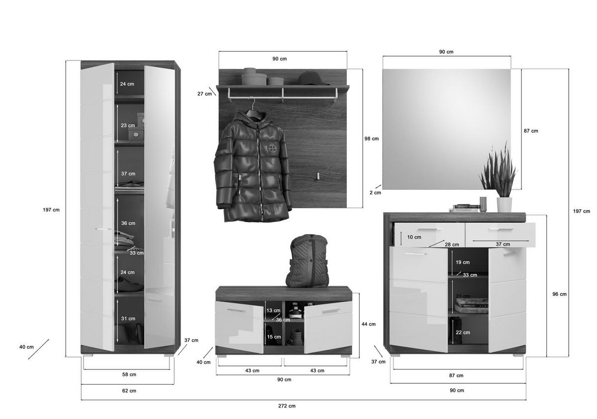 GARDEROBENKOMBINATION 5tlg. Scout Garderobe in Rauchsilber Nb. und weiß HG B/H/T: 272x197x40 cm - Anthrazit, Holzwerkstoff (272/197/40cm)