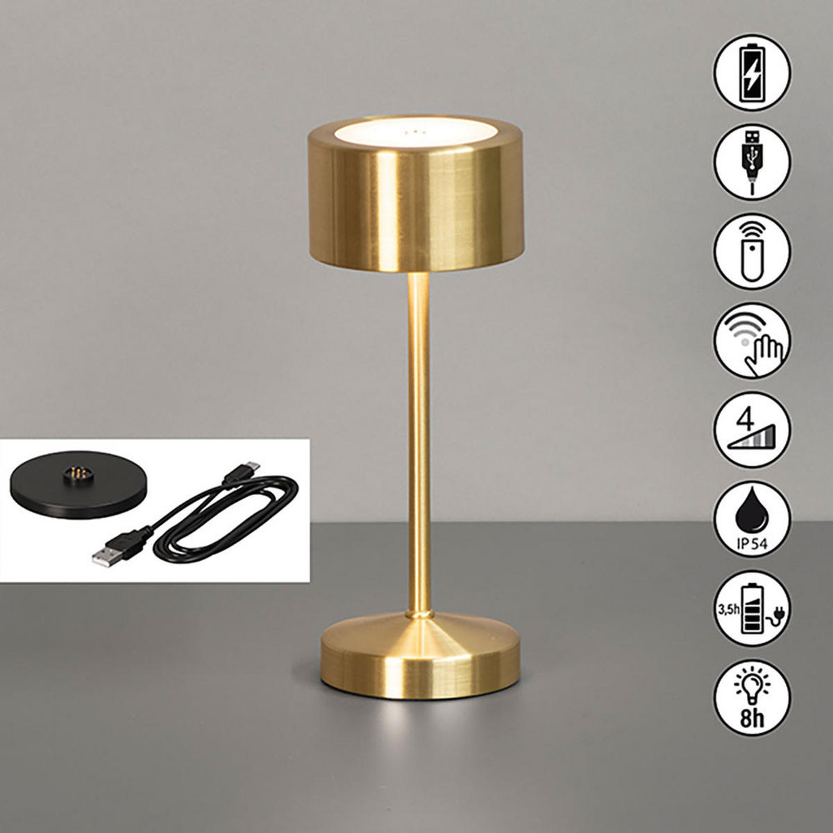 TISCHLEUCHTE, Gold, Akku, Metall, Sensor-Dimmer, LED - Goldfarben, Metall (8/8/20cm)