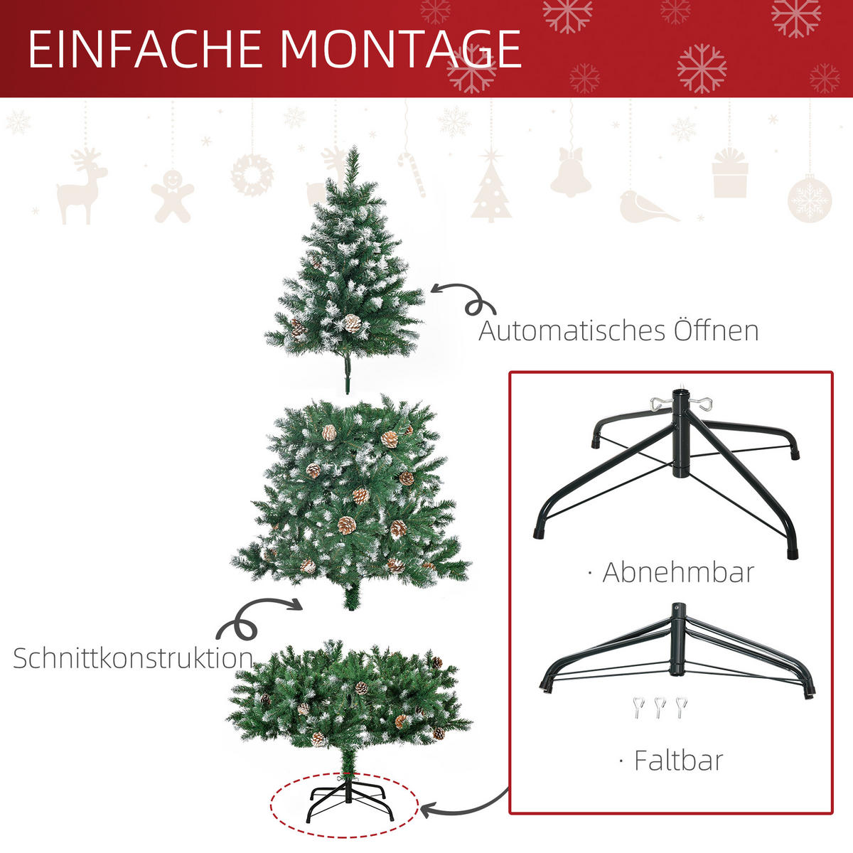 KÜNSTLICHER-WEIHNACHTSBAUM 180 cm Kieferbaum künstlich mit 59 Zapfen, Schnee - Grün, Kunststoff (180cm) - HOMCOM