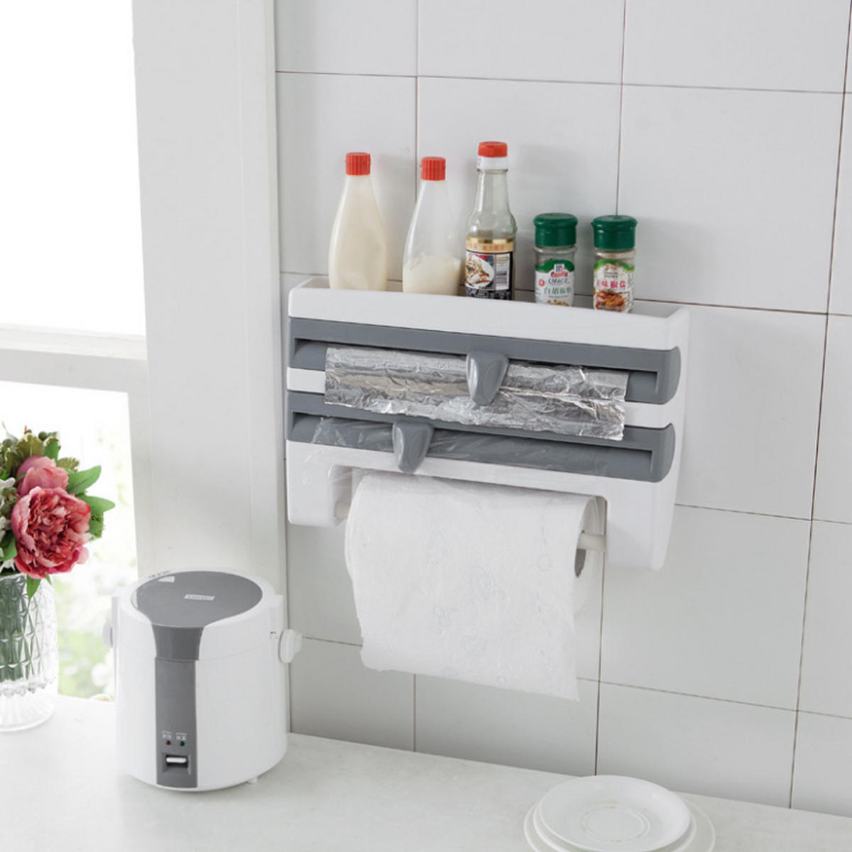 FRISCHHALTEFOLIENSPENDER grau mit Gewürzregal multifunktional 39/24/10 cm - Grau, Kunststoff (39/10/24cm) - Livingandhome