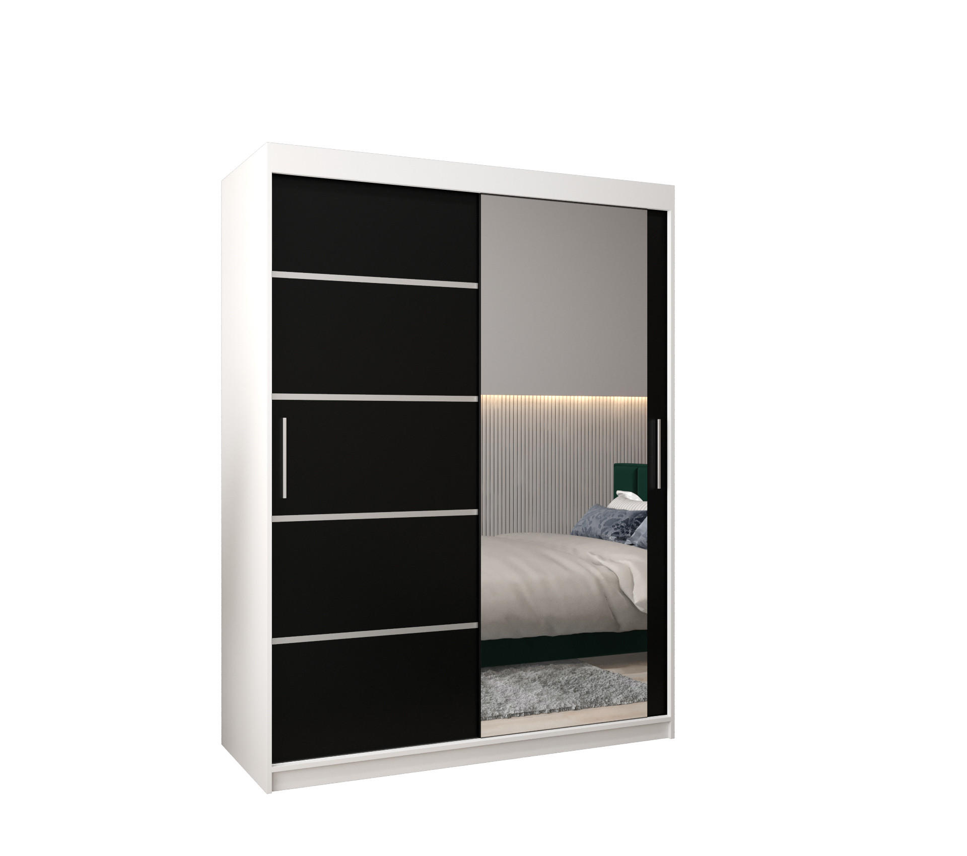 Möbel Kryspol Schwebetürenschrank Weiß, Schwarz, Silber 150x200x62 cm
