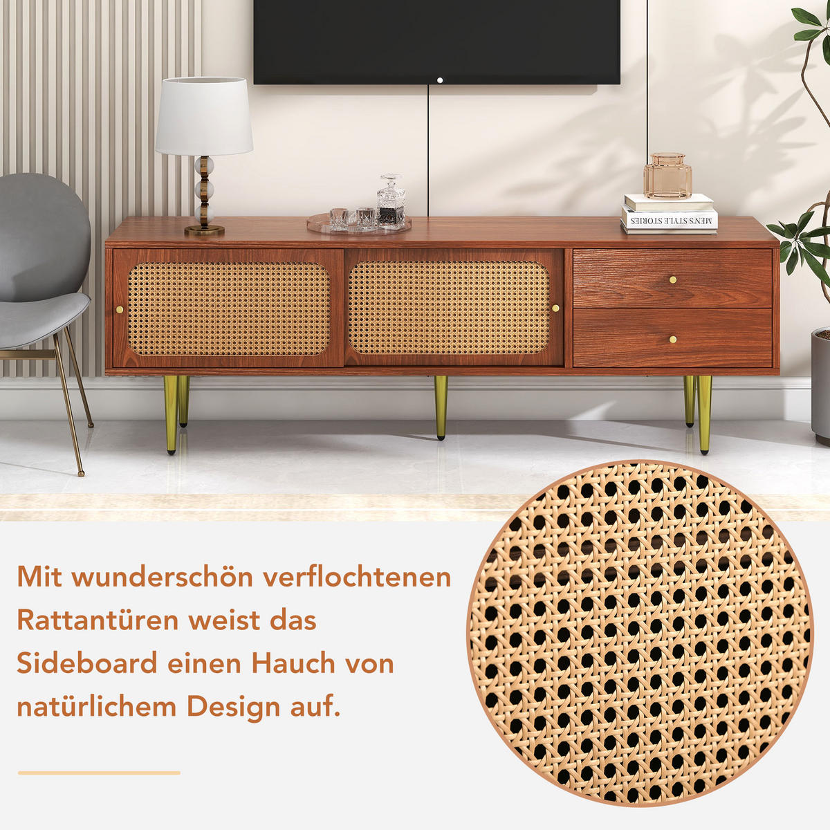 LOWBOARD Walnuss 160/40/60 cm, Rattan-Optik, 2 Schubladen, 2 Schiebetüren - Walnussfarben, Holzwerkstoff (160/60/40cm) - PANGIVO