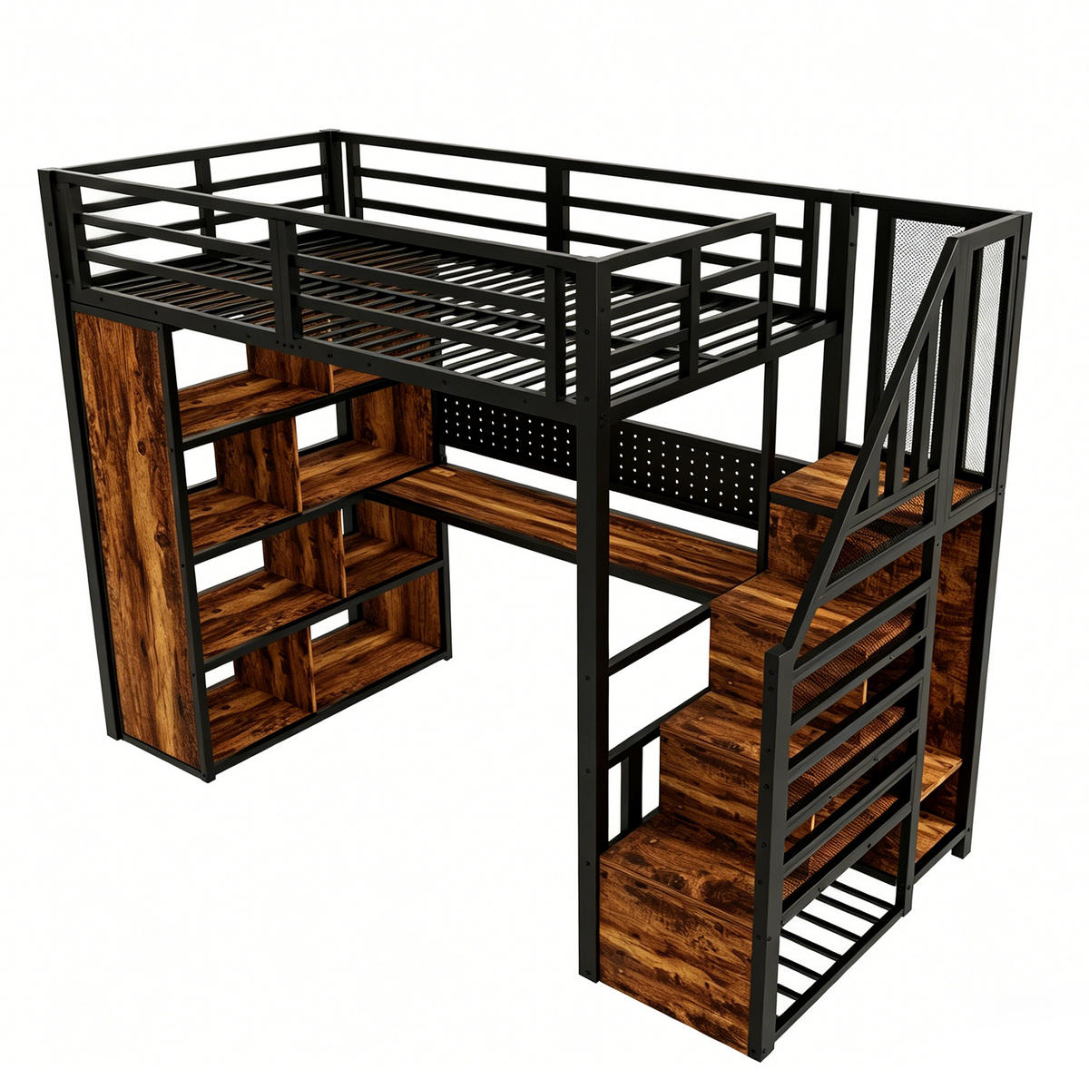 HOCHBETT 90x200cm mit Schreibtisch Schrank LED Schwarz - Schwarz, Metall (90/200cm) - FLIEKS