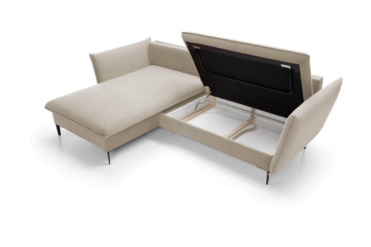 ECKSOFA GLOSS mit Schlaffunktion, Ottomane & goldenen Füßen – Samtsofa im GLOSSour-Stil mit Zierkissen, 258x167x91cm, Linke, PLATINUM - Grün, Holz/Textil (167/258cm) - DomoHome