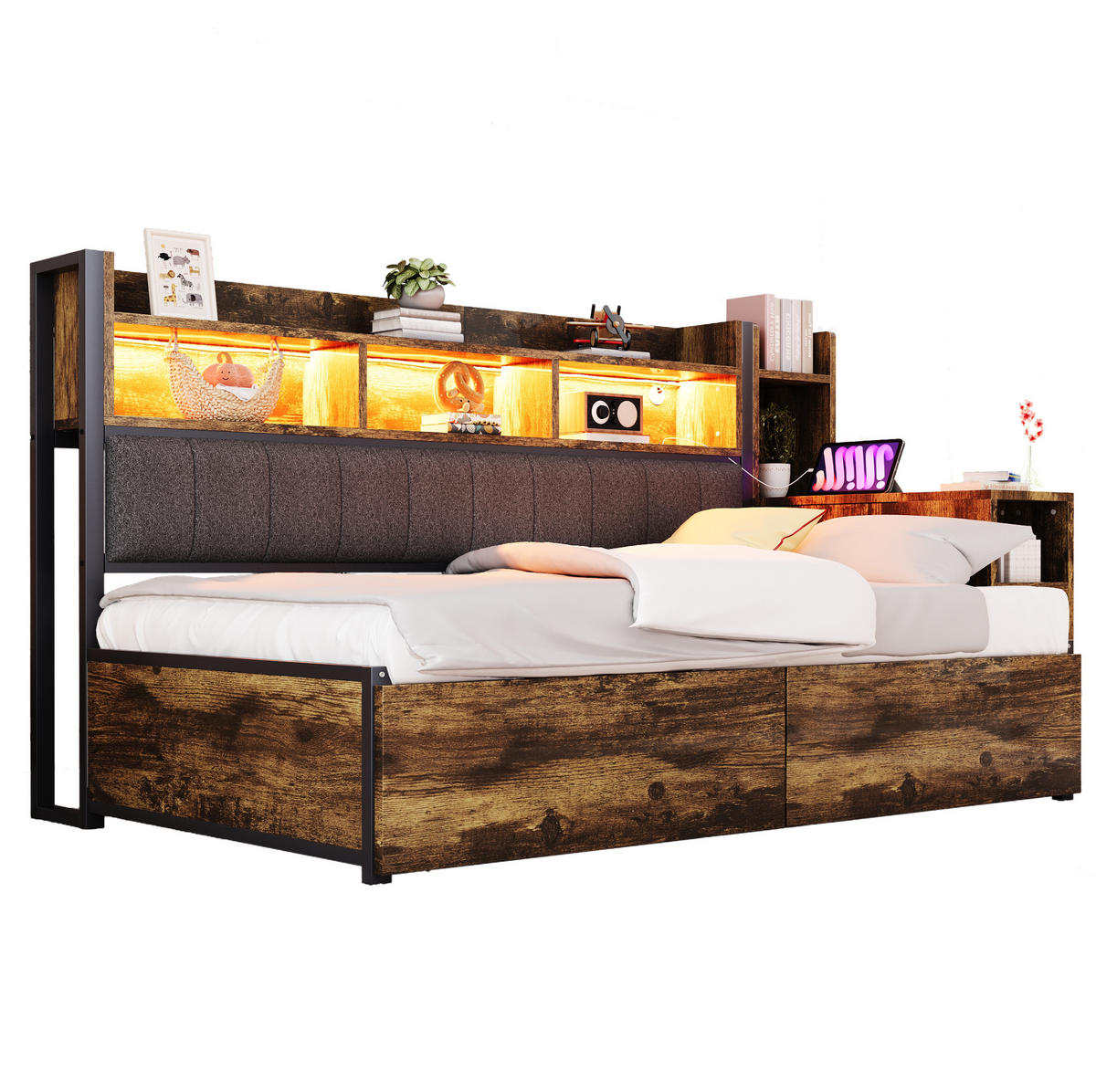 MULTIFUNKTIONSBETT aus Metall und Holz 90x200 cm Naturholzfarben mit Schreibtisch, Steckdosen, LED und Stauraum - Naturfarben, Metall (90/200cm) - Modfu