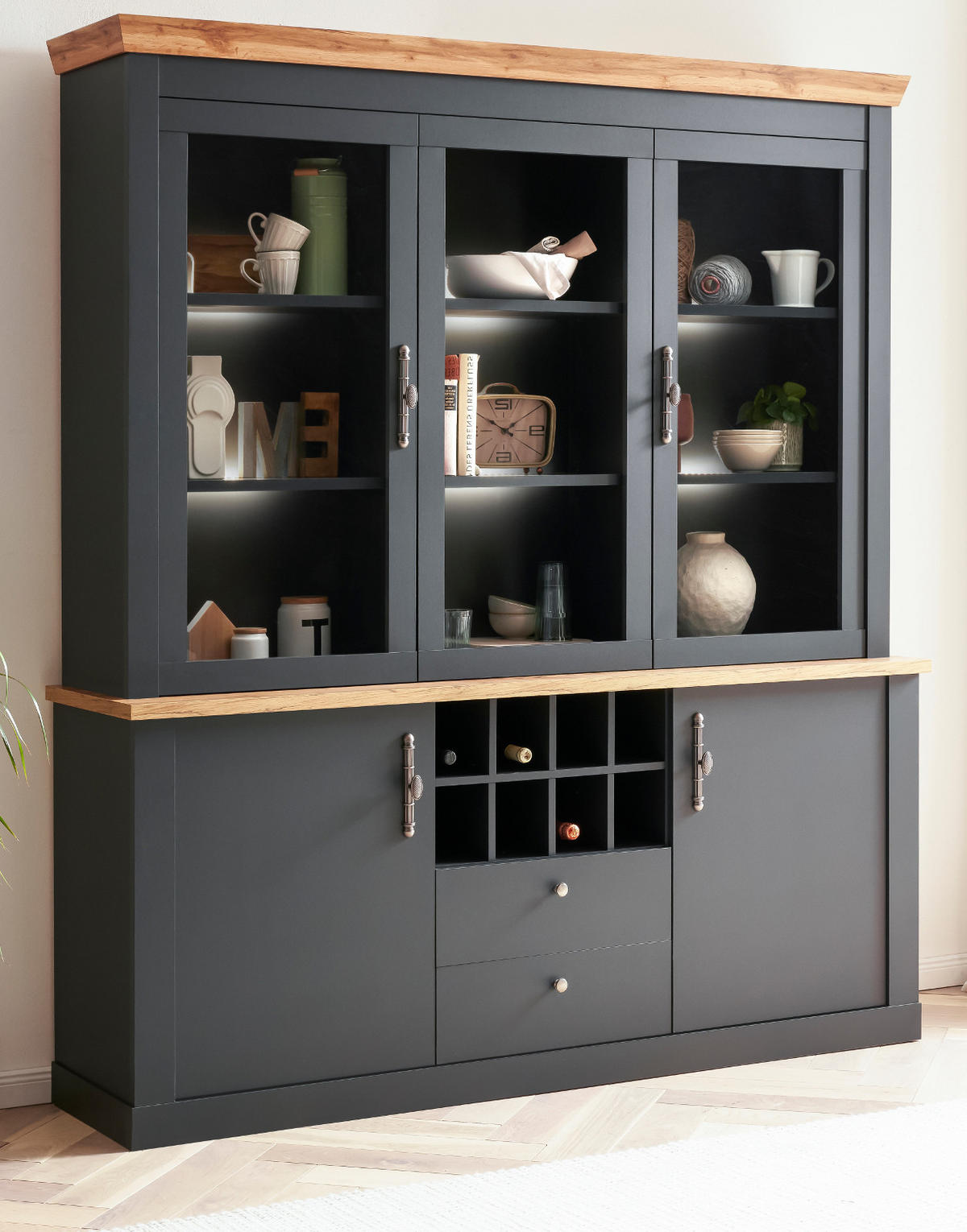 BUFFETSCHRANK grau, Wotan Eiche Landhaus, Vitrinenschrank mit Soft-Close-Funktion - Silberfarben/Eiche Wotan, Glas/Holzwerkstoff (184/205/44cm) - Furn.Design