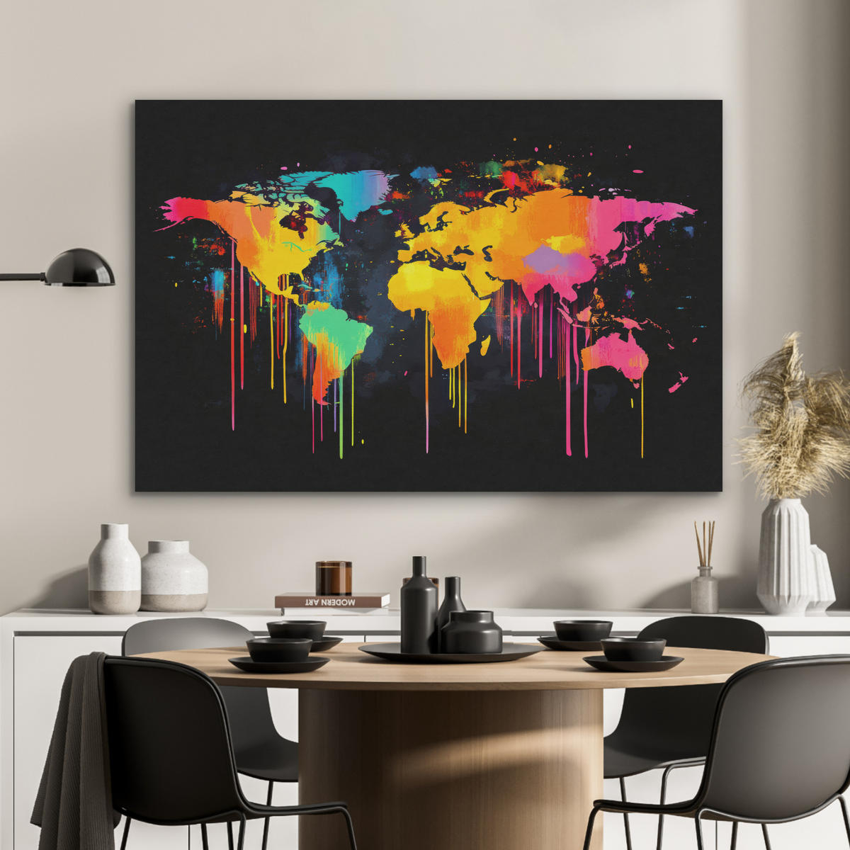AKUSTIKBILD Weltkarte - Farbe - Bunt - Graffiti - Welt Wandbild Wohnzimmer 100x70 cm - Multicolor, Textil (100/70/0.9cm) - MuchoWow