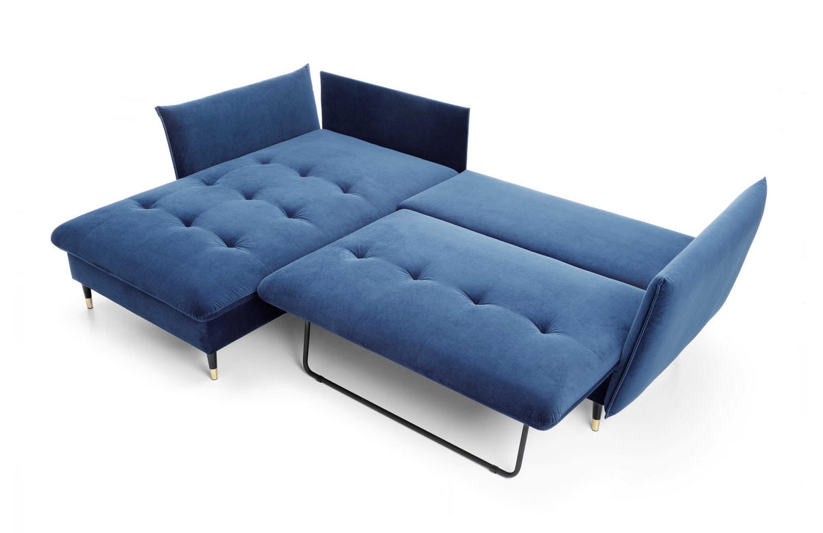ECKSOFA GLAM mit Schlaffunktion, Ottomane & goldenen Füßen – Samtsofa im Glamour-Stil mit Zierkissen, 258x167x91cm, Linke, BLAU - Blau, Holz/Textil (167/258cm) - DomoHome