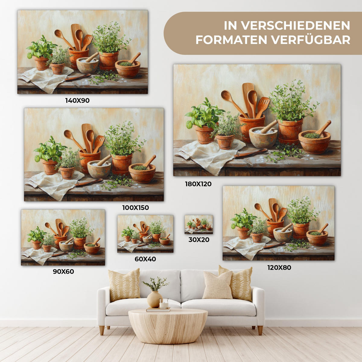 LEINWANDBILD Töpfe - Kräuter - Holz Wohnzimmer 120x80 cm - Terracotta, Textil (120/80cm) - MuchoWow