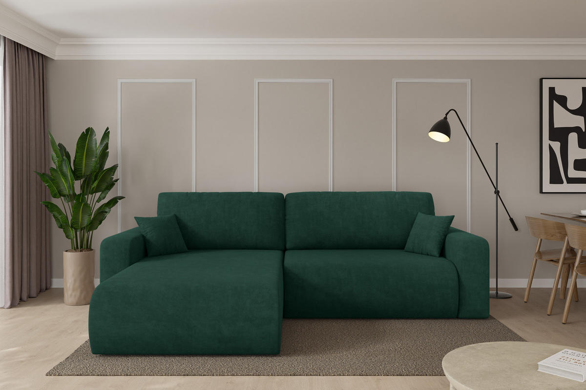 ROHOVÁ SEDAČKA s funkcí spaní, otoman vlevo BERY-L 276x193x88 zelená velur - černá/zelená barva, kompozitní dřevo/textil (276/193cm) - ALTDECOR