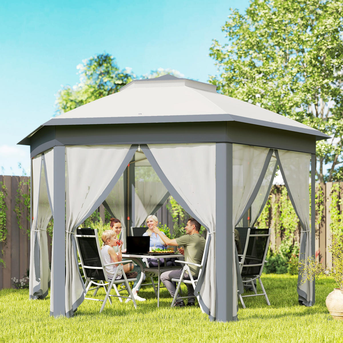 FALTPAVILLON, Kaffee+Beige+Braun, Metall, Polyester - Grau, Metall (405/285/405cm) - Outsunny
