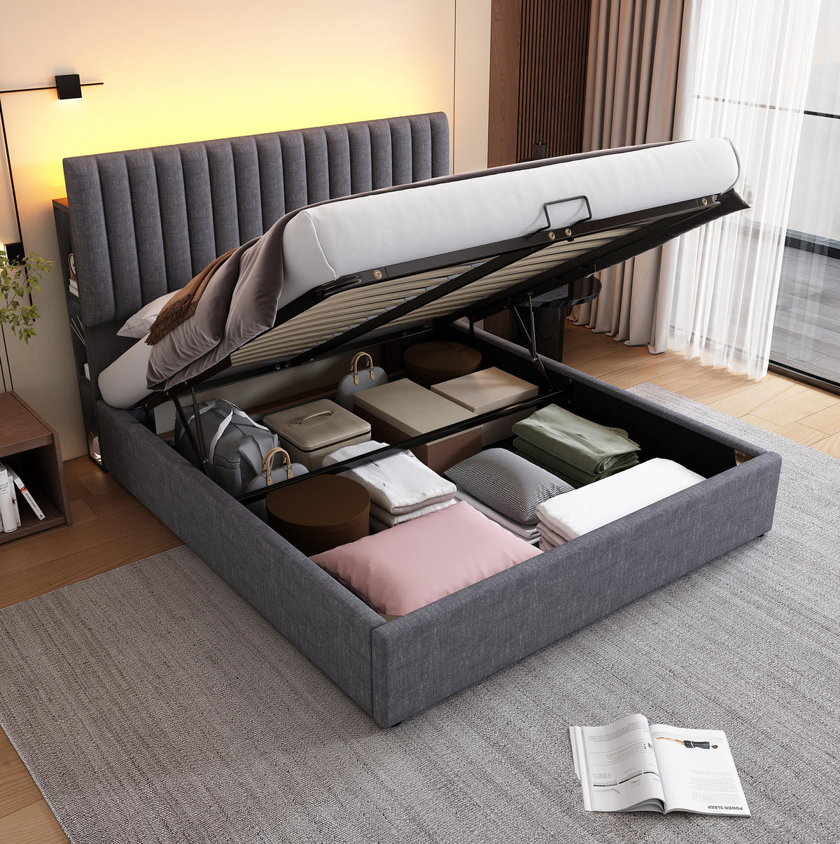 POLSTERBETT mit Stauraum, LED und USB 140x200 cm Leinen Grau inkl. Matratze - Grau, Metall (140/200cm) - Meubliv