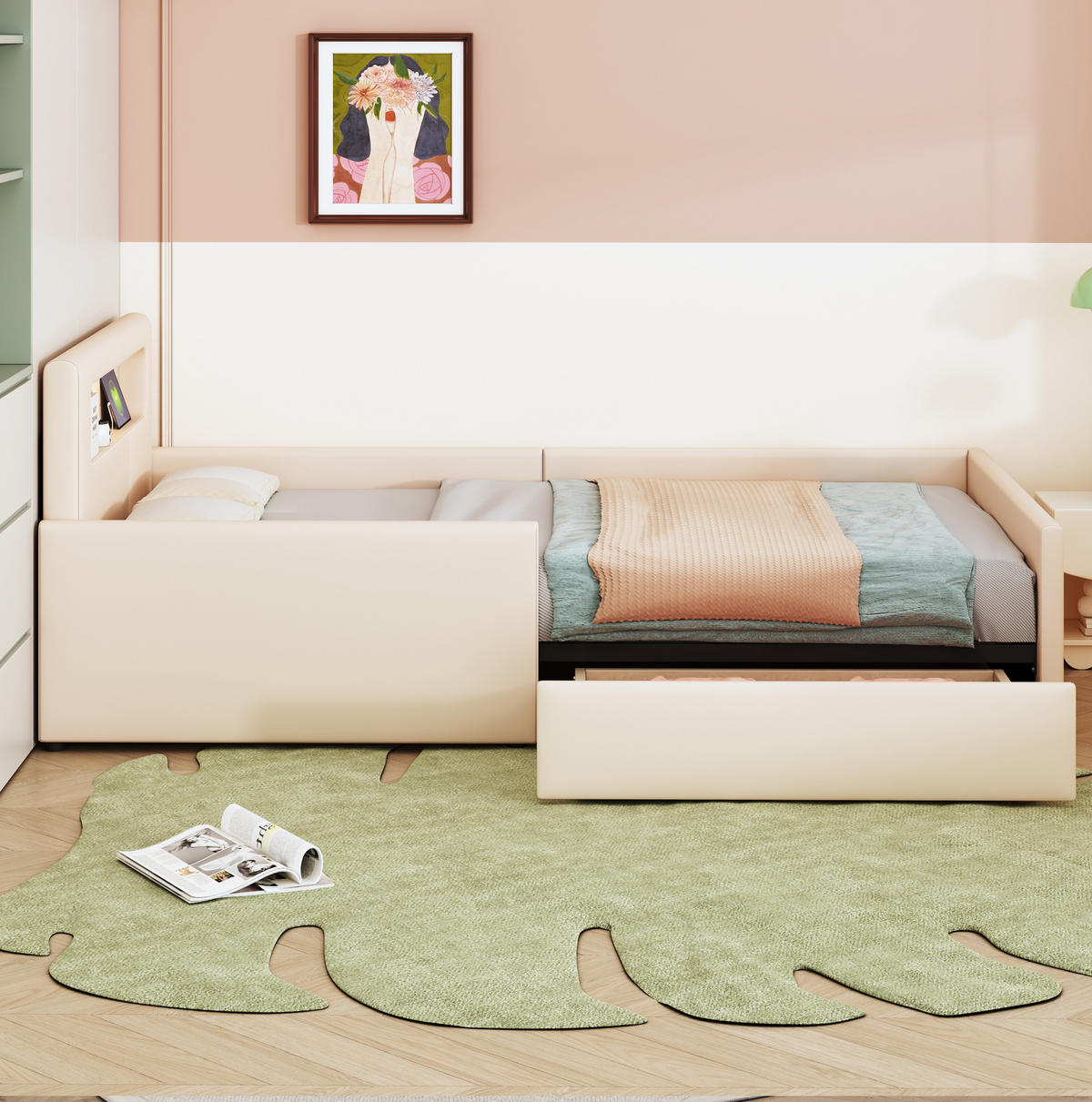 KINDERBETT 90/200 cm in Beige mit Nachtlicht, USB-Anschluss und Schubladen - Beige, Textil (90/200cm) - BEAOK